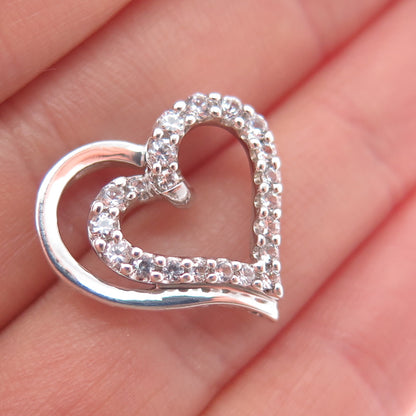 SUN 925 Sterling Silver Real Round-Cut White Topaz Heart Slide Charm Pendant