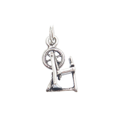 925 Sterling Silver Vintage Spinning Wheel Minimalist 3D Charm Pendant