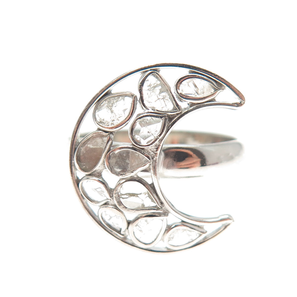 ARYA 925 Sterling Silver Real Rose-Cut Diamond Crescent Ring Size 9.5