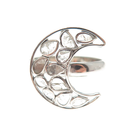 ARYA 925 Sterling Silver Real Rose-Cut Diamond Crescent Ring Size 9.5