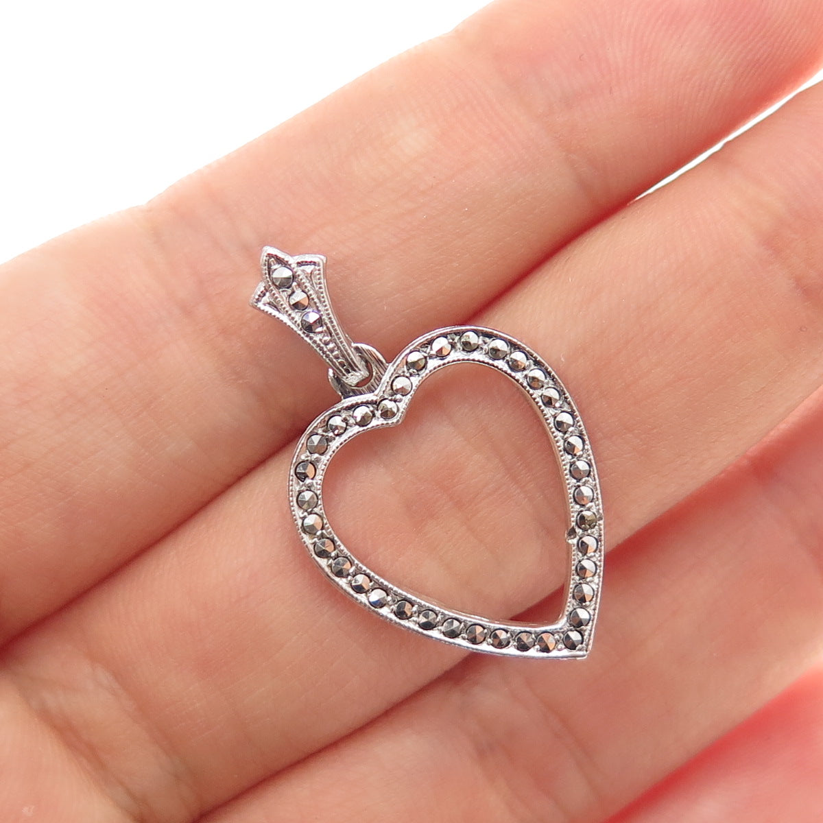 925 Sterling Silver Antique Art Deco Real Marcasite Heart Charm Pendant