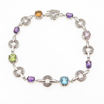 925 Sterling Silver Real Blue Topaz Amethyst Peridot & Citrine Bracelet 8"