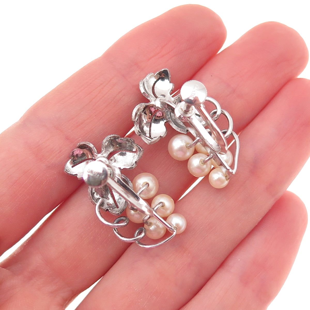 925 Sterling Antique Art Deco Real Akoya Pearl Floral Screw Back Earrings