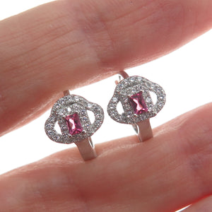 925 Sterling Silver Emerald-Cut Pink & Round-Cut White C Z Cloud Hoop Earrings