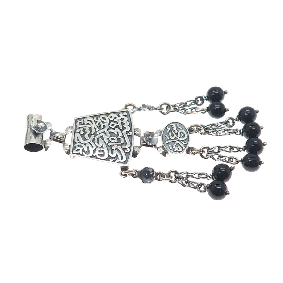 800 Silver Vintage Egypt Black Onyx Arabic Calligraphy Oxidized Slide Pendant