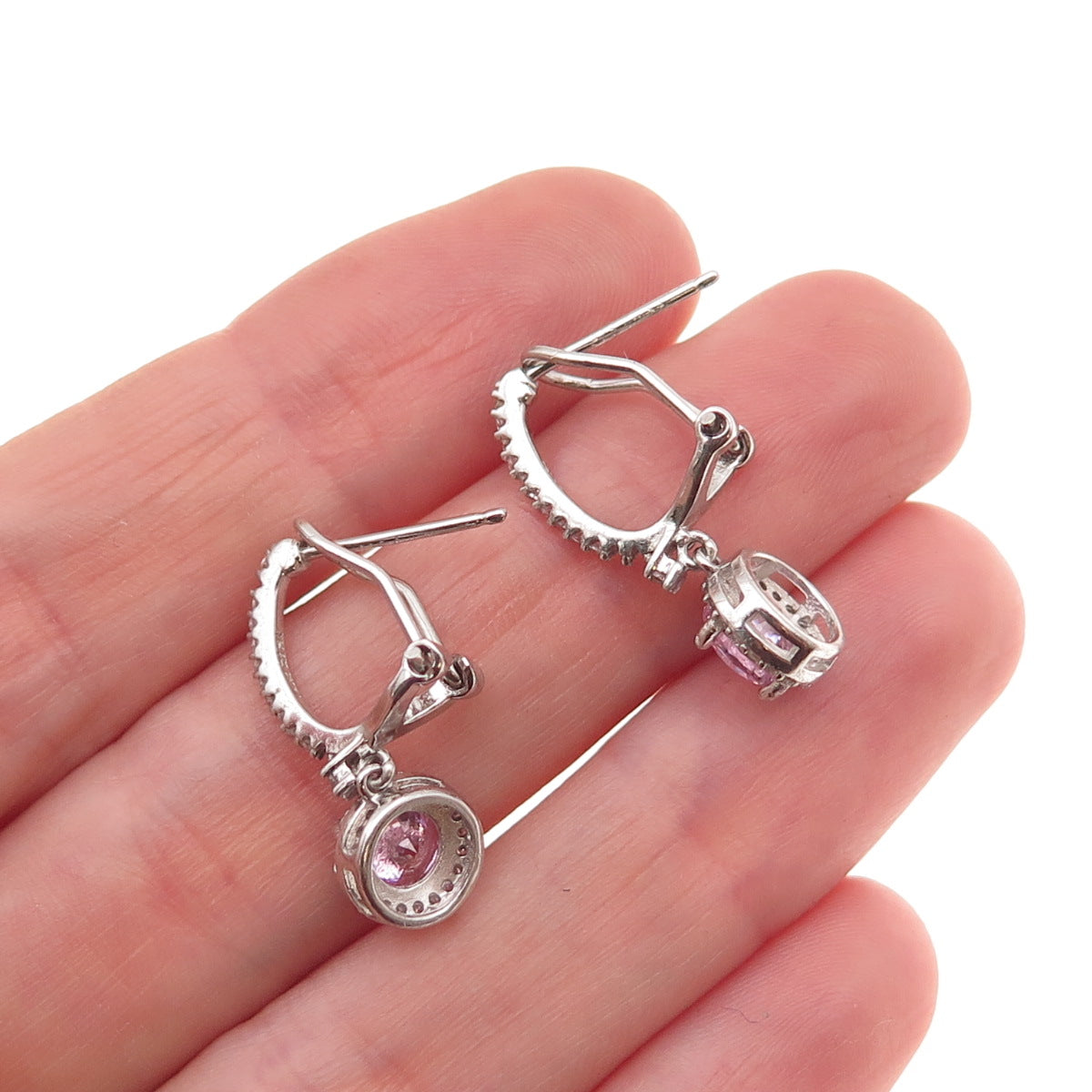 925 Sterling Silver Round-Cut Pink & White C Z Omega Back Dangle Earrings