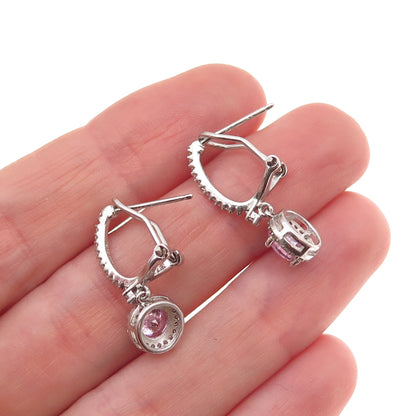925 Sterling Silver Round-Cut Pink & White C Z Omega Back Dangle Earrings