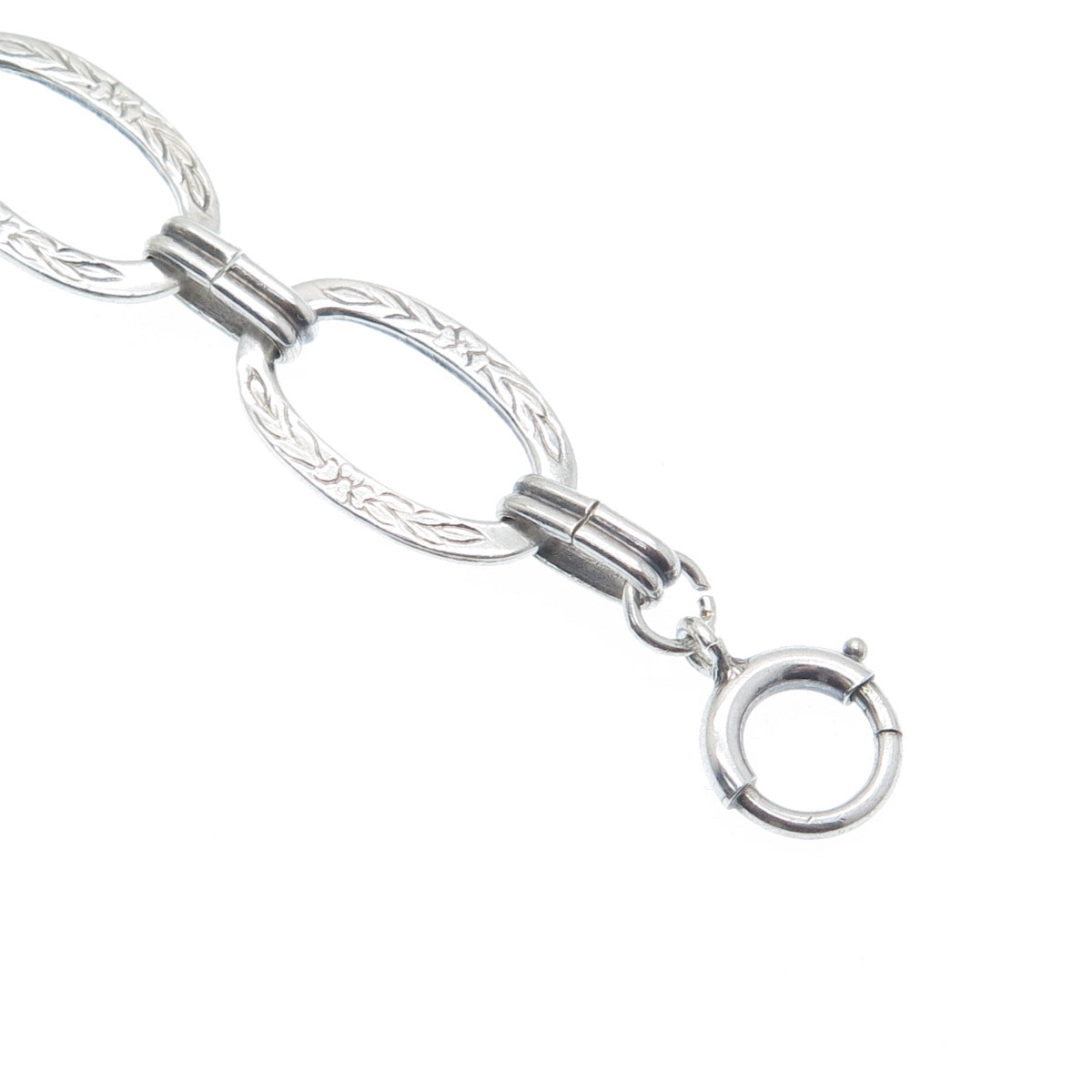 925 Sterling Silver Antique Art Deco Engraved Flower Oval Link Bracelet 6.75"