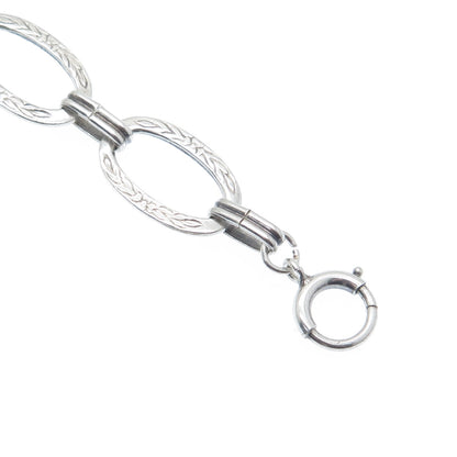 925 Sterling Silver Antique Art Deco Engraved Flower Oval Link Bracelet 6.75"