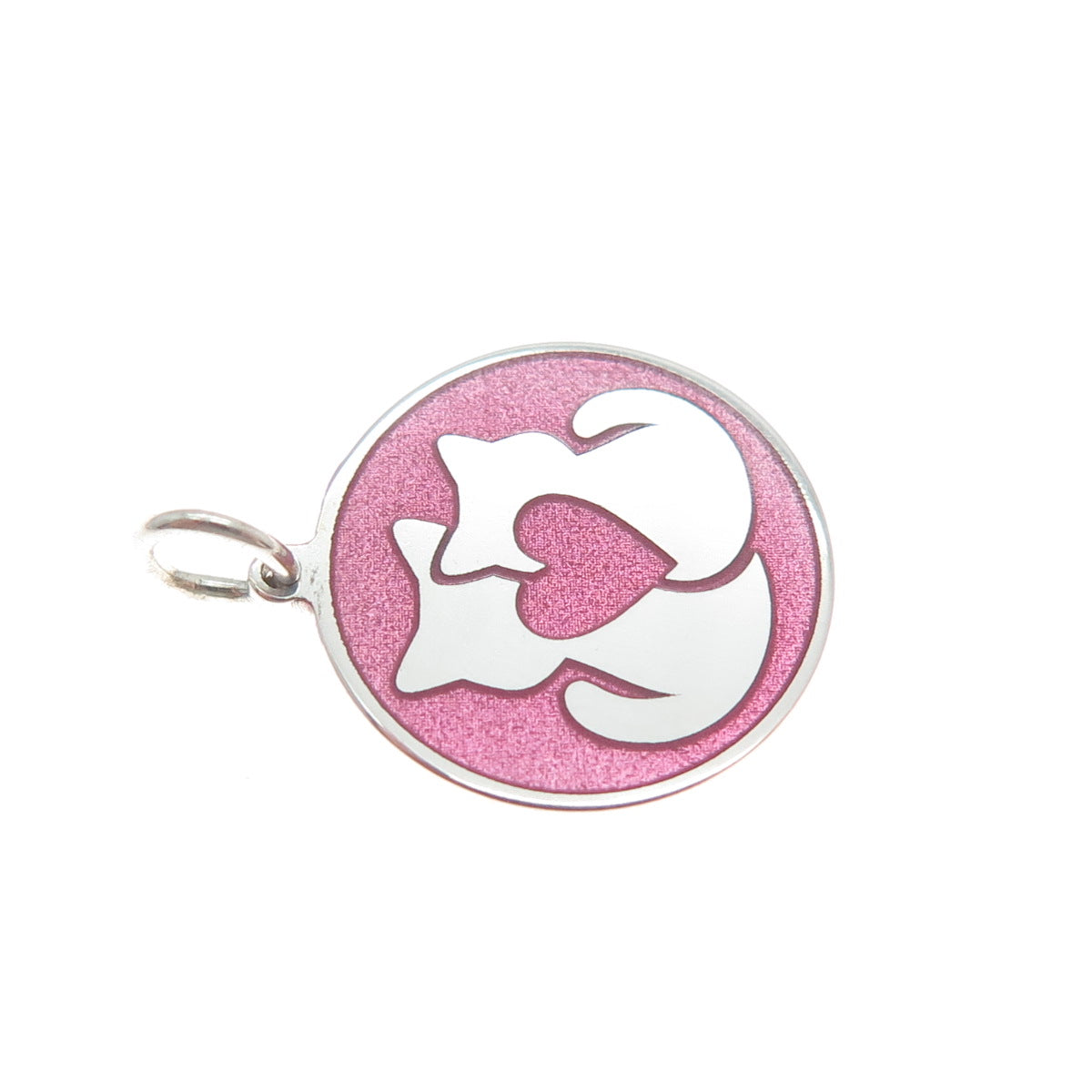 925 Sterling Silver Pink Enamel Mom & Child Cat Heart Minimalist Charm Pendant