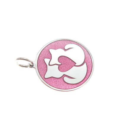 925 Sterling Silver Pink Enamel Mom & Child Cat Heart Minimalist Charm Pendant