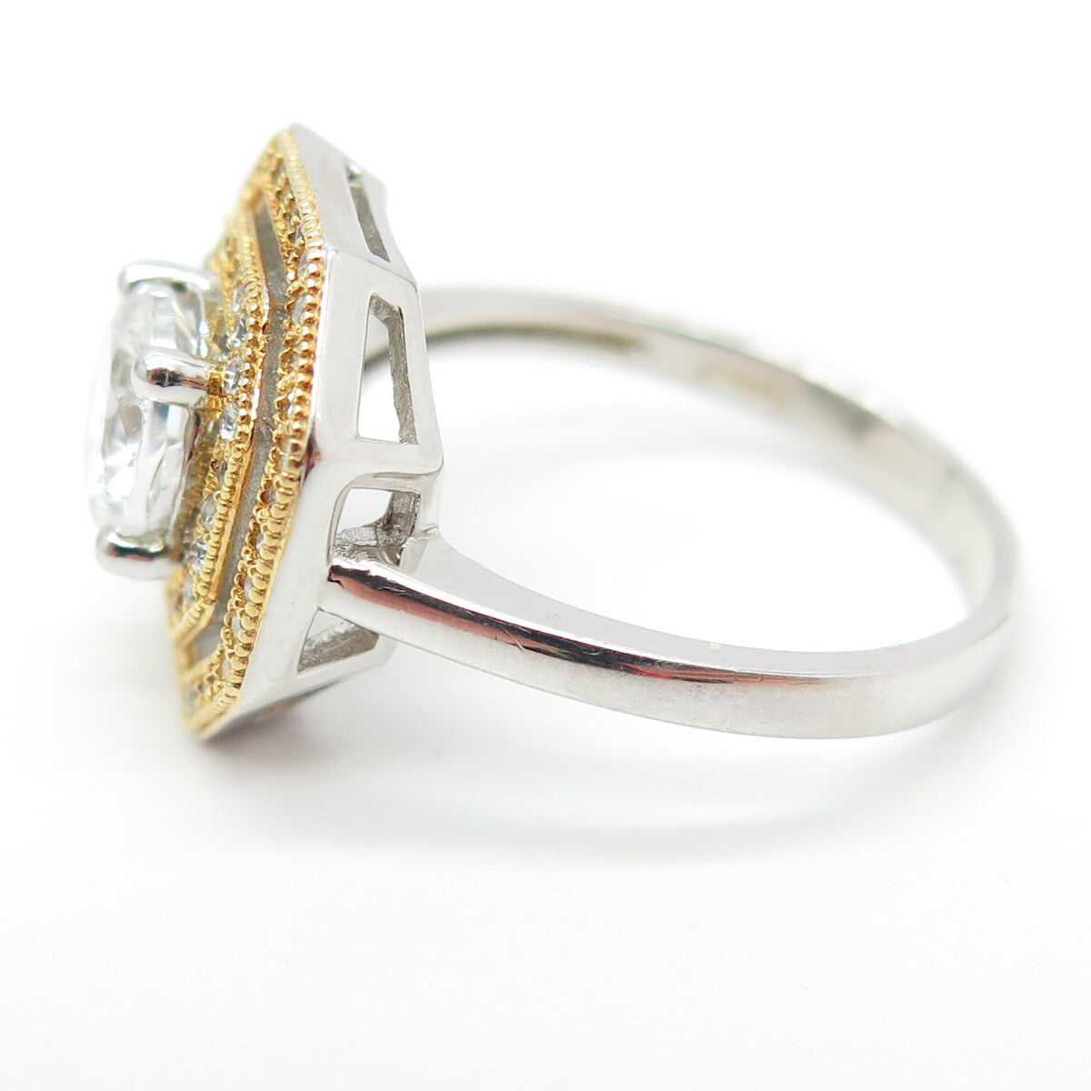 CELINE F. 925 Sterling Silver 2-Tone Round-Cut C Z Ring Size 7