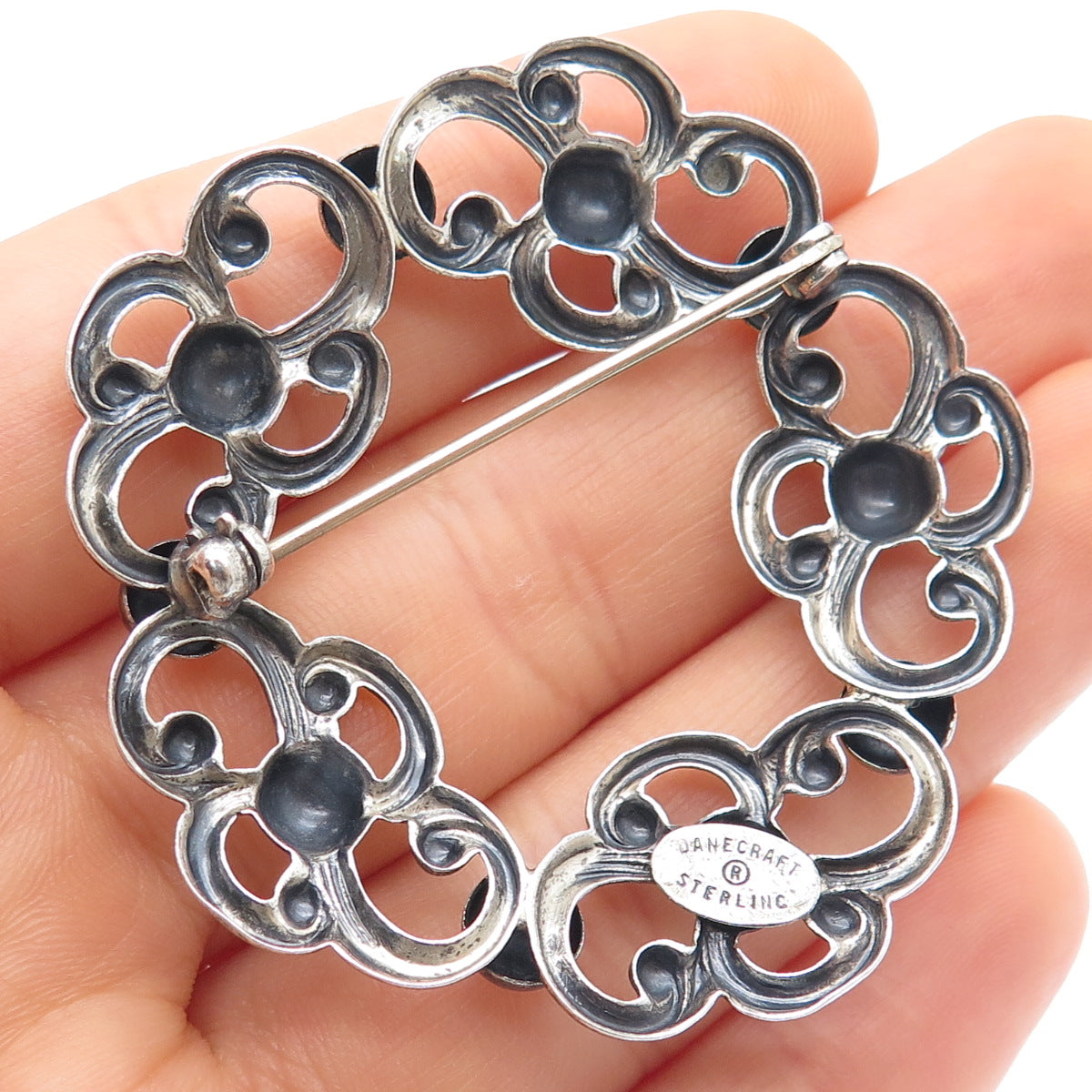 DANECRAFT 925 Sterling Silver Antique Art Deco Flower Oxidized Pin Brooch