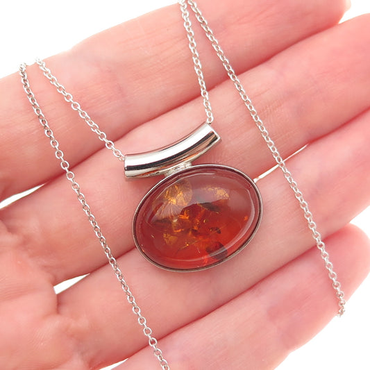 925 Sterling Silver Vintage Poland Real Amber Modernist Cable Chain Necklace 18"