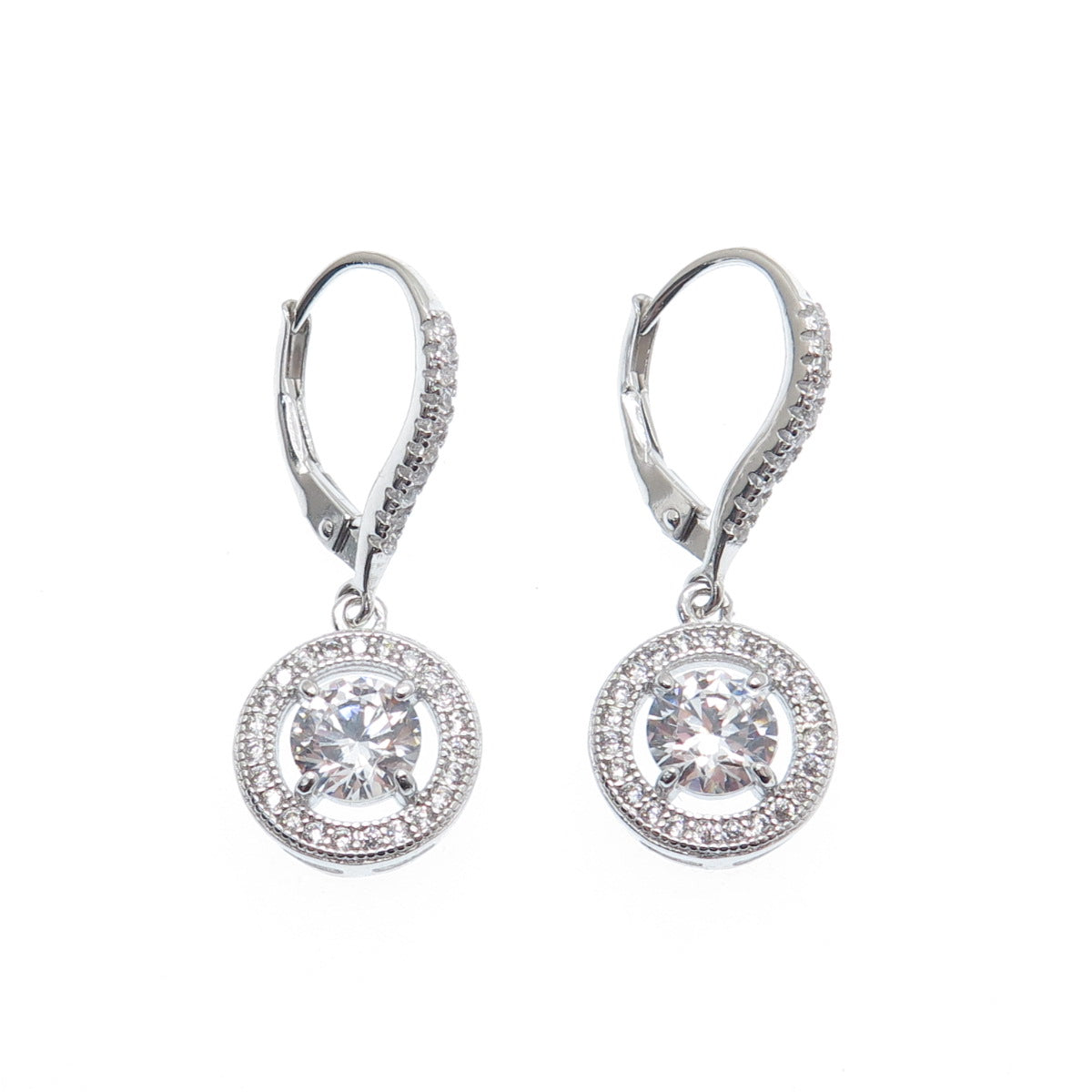 925 Sterling Silver Round-Cut C Z Sparkle Dangle Earrings
