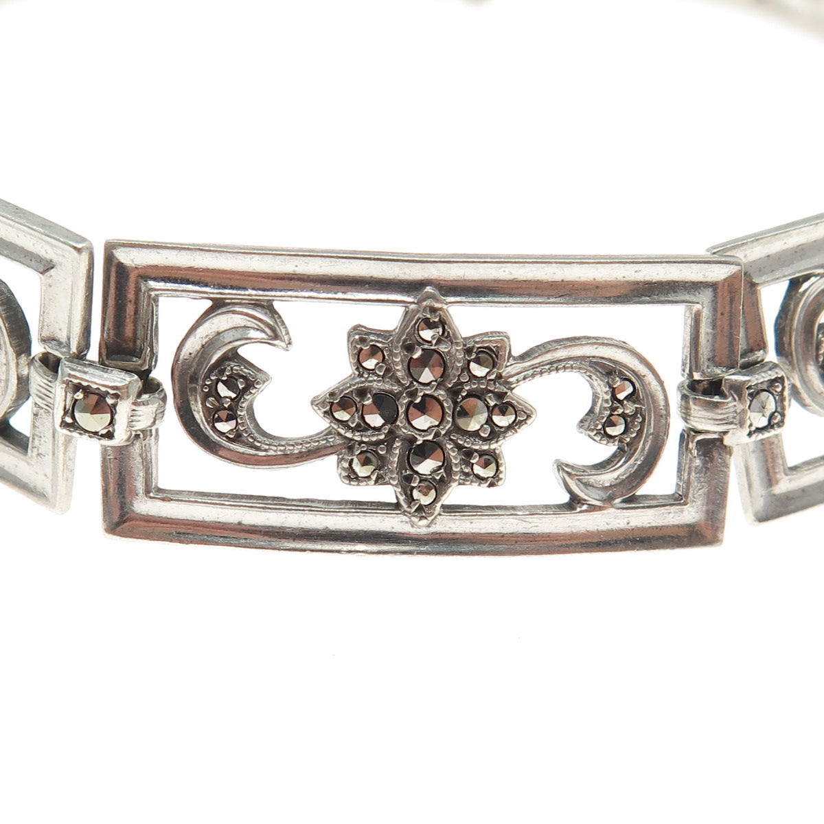 925 Sterling Silver Antique Art Deco Marcasite Flower Panel Link Bracelet 7.5"