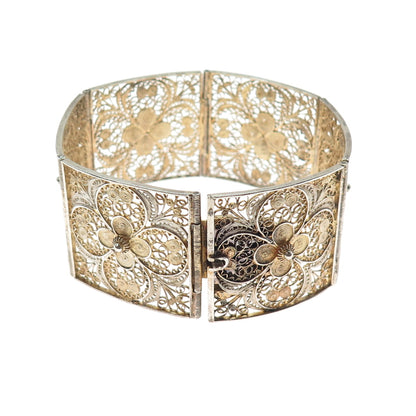 800 Silver Gold Plated Antique Italy Flower Filigree Panel Link Bracelet 7.25"
