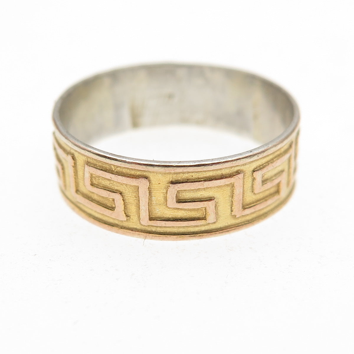 925 Sterling Silver 18K Gold Vintage Greek Key Band Ring Size 6.75