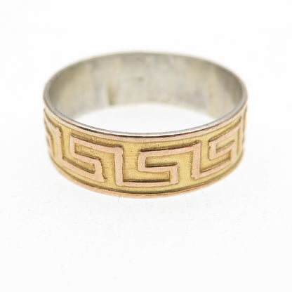 925 Sterling Silver 18K Gold Vintage Greek Key Band Ring Size 6.75