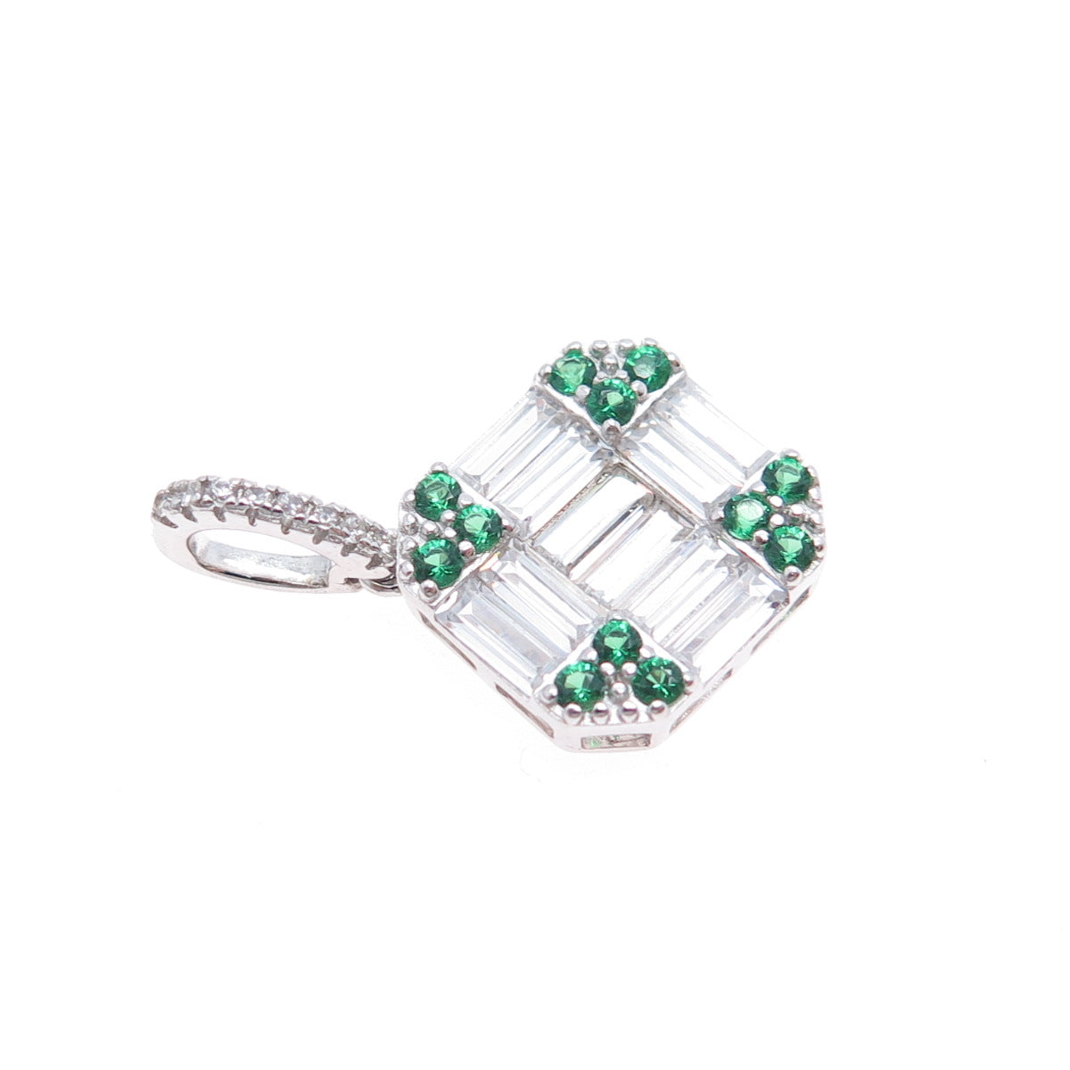 925 Sterling Silver Real Round-Cut Chrome Diopside & Baguette-Cut C Z Pendant