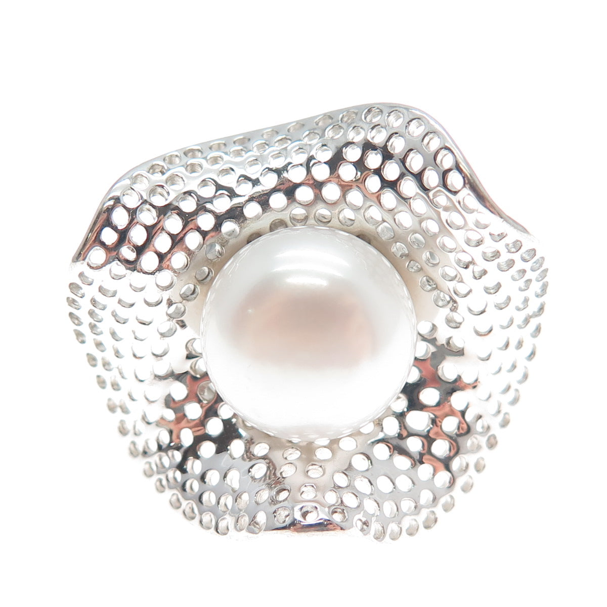 HONORA 925 Sterling Silver Real Pearl Flower Cutout Domed Ring Size 5.25