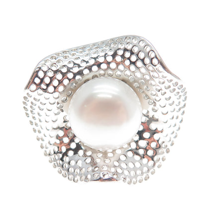 HONORA 925 Sterling Silver Real Pearl Flower Cutout Domed Ring Size 5.25