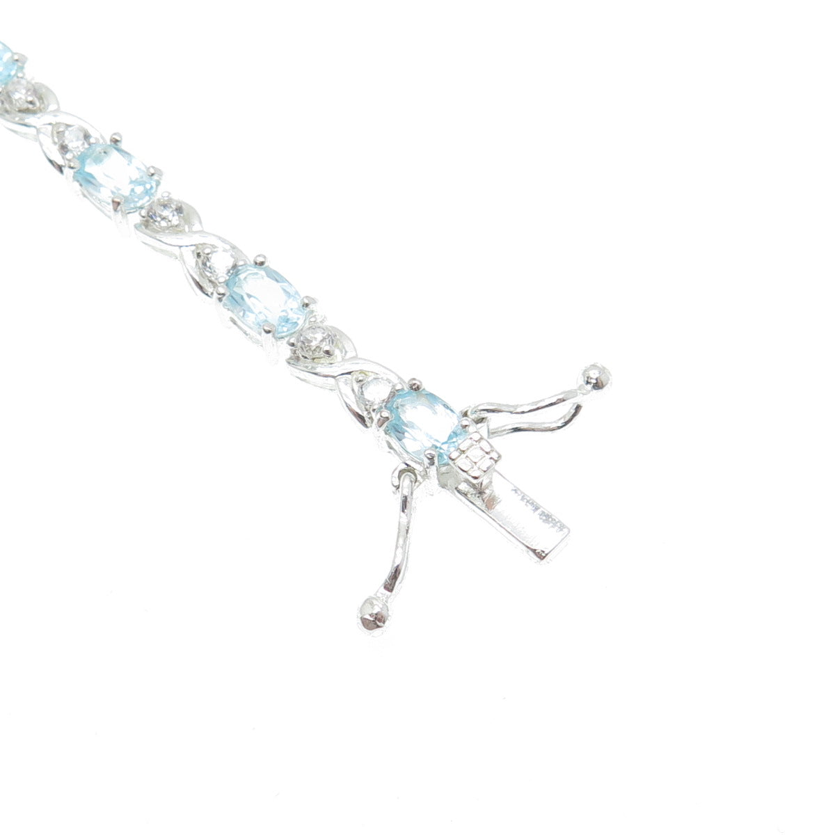 925 Sterling Silver Real Blue Topaz Gemstone & C Z XO Tennis Link Bracelet 6.75"