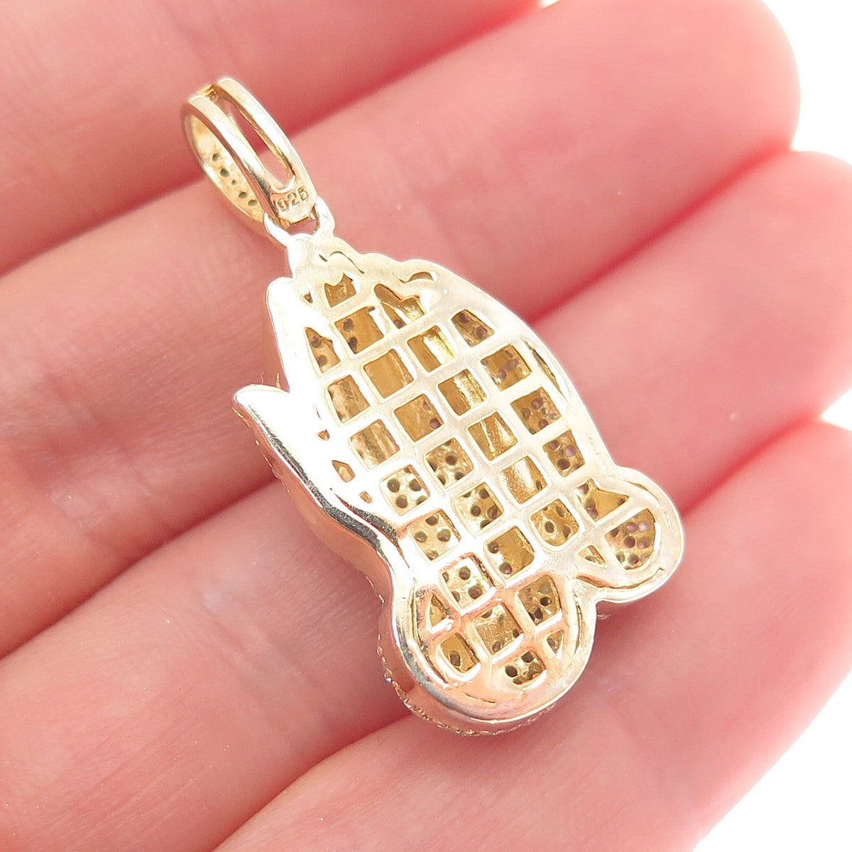925 Sterling Silver Gold Plated Round-Cut C Z Praying Hands Charm Pendant