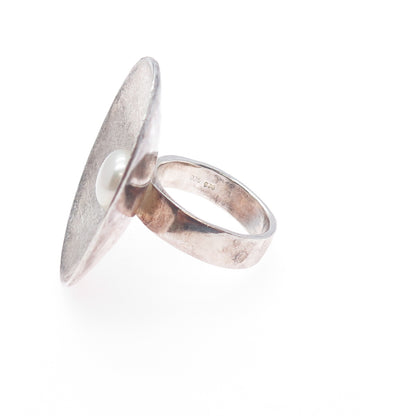 925 Sterling Silver Vintage Real Pearl Modernist Statement Ring Size 8