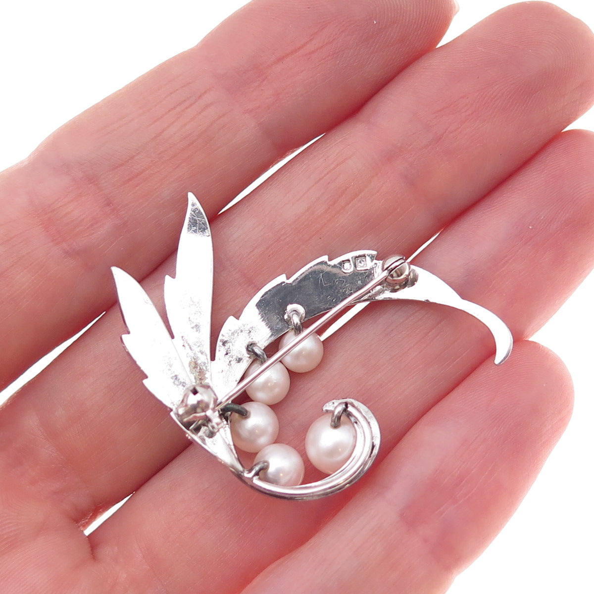 Mikimoto 925 Sterling Silver Antique Japan Real Akoya Pearl Floral Pin Brooch