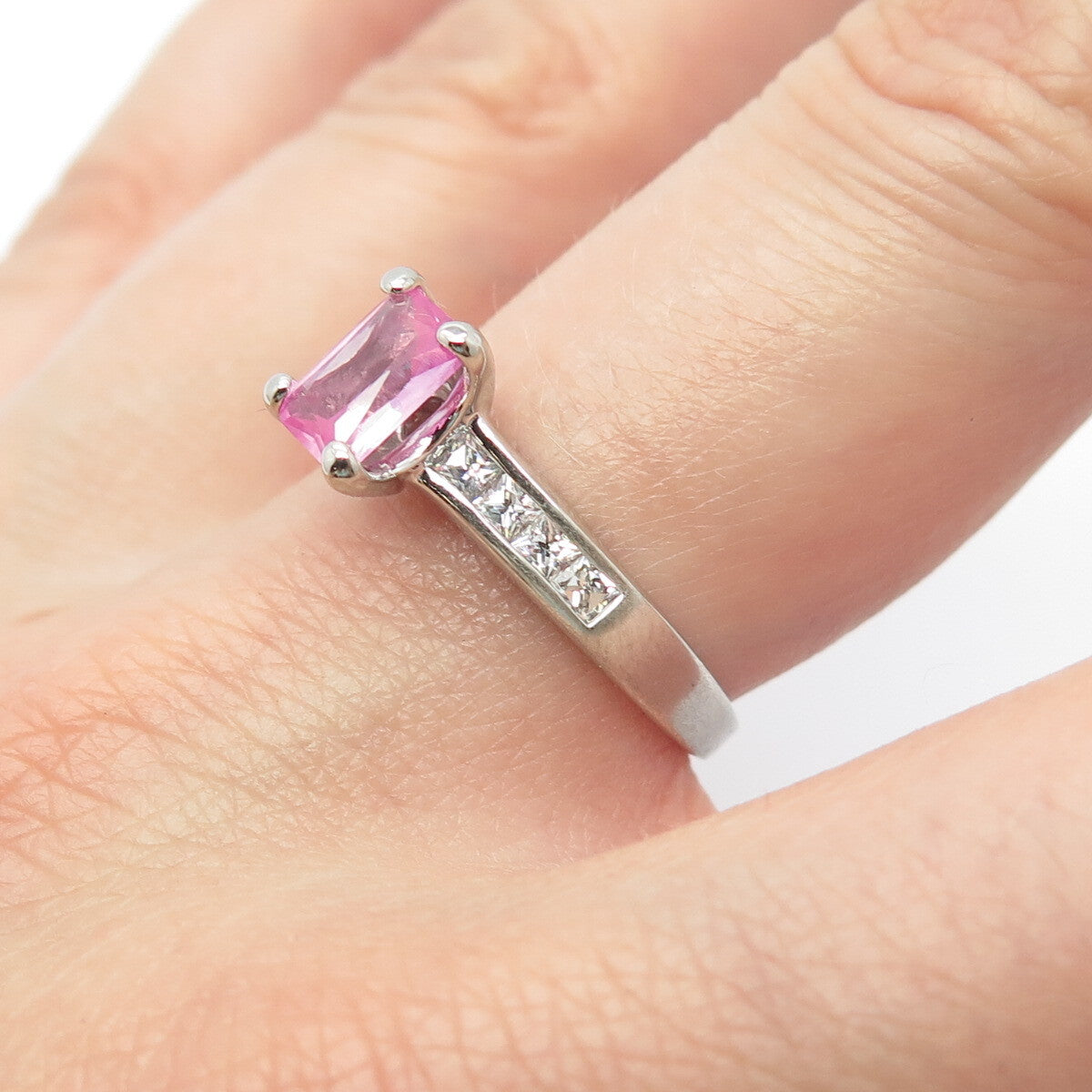 925 Sterling Silver Lab-Created Sapphire Gem & C Z Ring Size 7