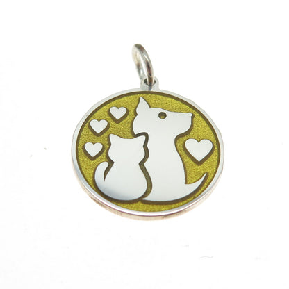 925 Sterling Silver Yellow Enamel Dog & Cat Friendship Minimalist Charm Pendant