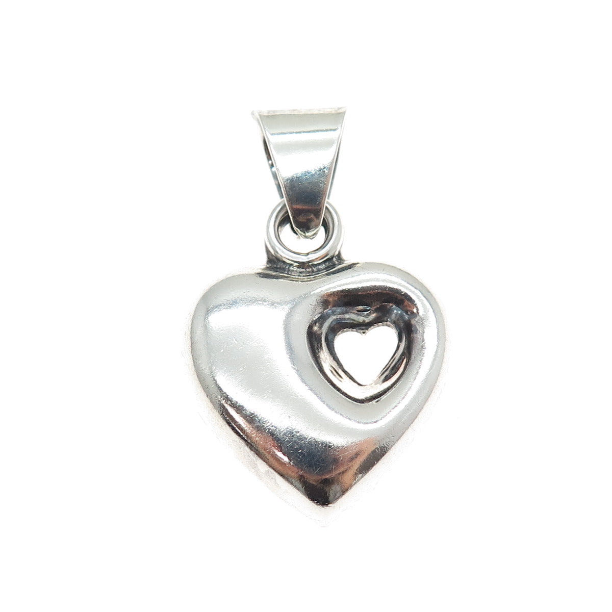 925 Sterling Silver Vintage Mexico Modernist Puffy Heart Oxidized Charm Pendant