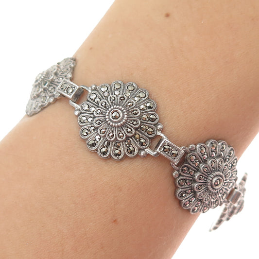 KD Kimler & Daniel Sterling Silver Antique Real Marcasite Flower Bracelet 6.75"