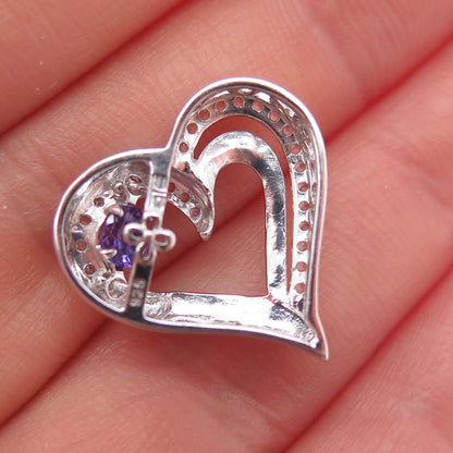 925 Sterling Silver Real White Topaz & Amethyst Heart Mini Slide Charm Pendant
