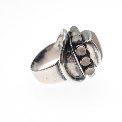 925 Sterling Silver Vintage Real Rose Quartz Modernist Oxidized Ring Size 5.75