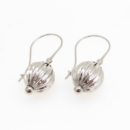 14K White Gold Modernist Ribbed Ball Drop Earrings