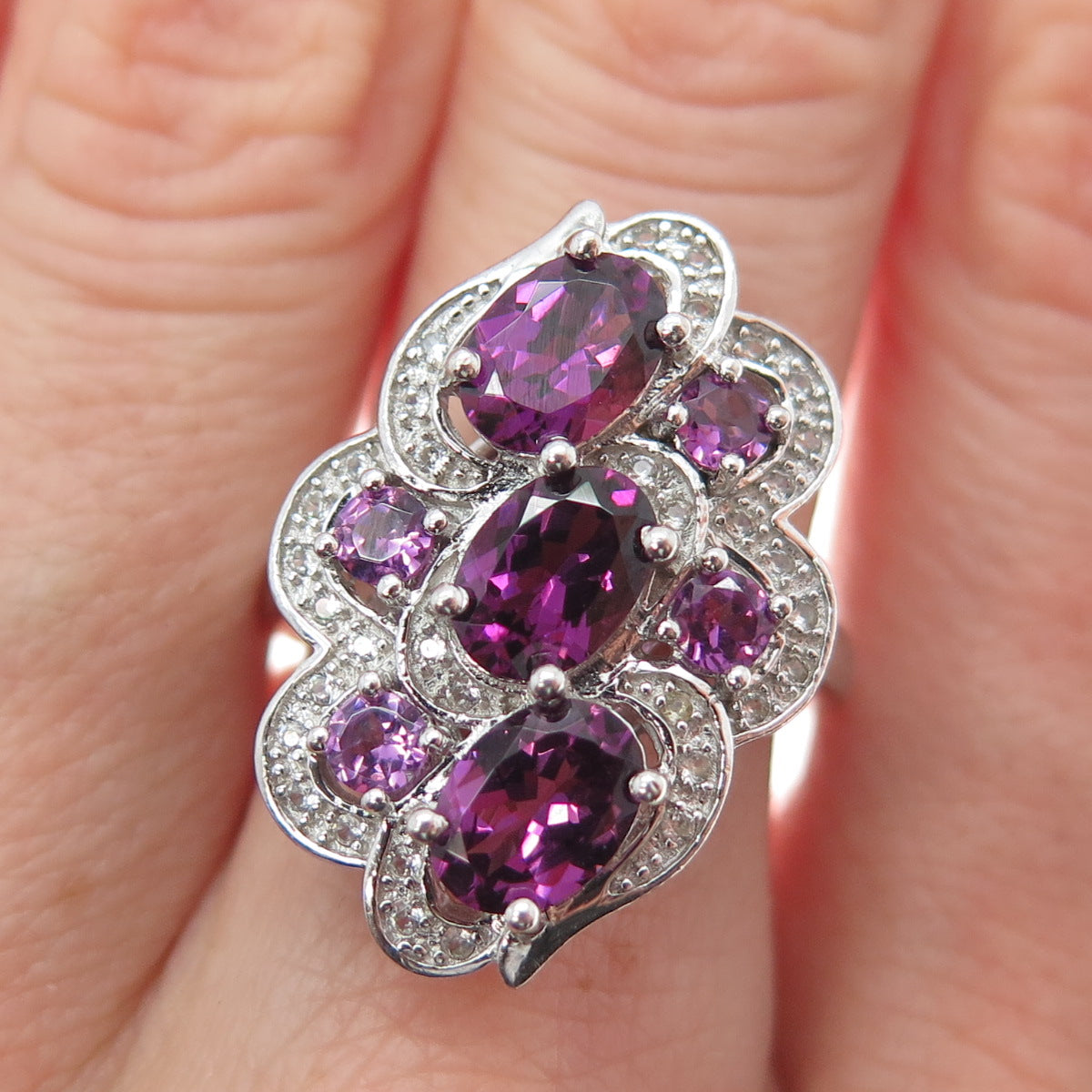 CHUCK CLEMENCY 925 Sterling Silver Real Amethyst & White Topaz Ring Size 7.25
