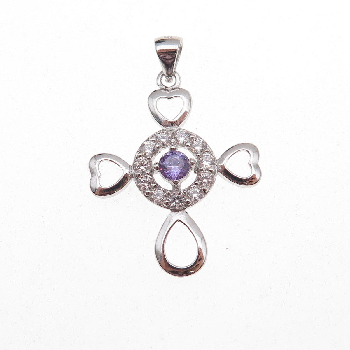 925 Sterling Silver Lavender & White C Z Heart Cross Charm Pendant