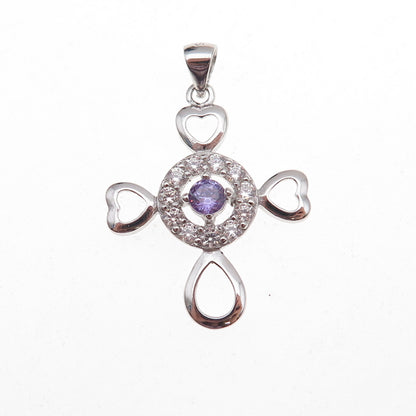 925 Sterling Silver Lavender & White C Z Heart Cross Charm Pendant