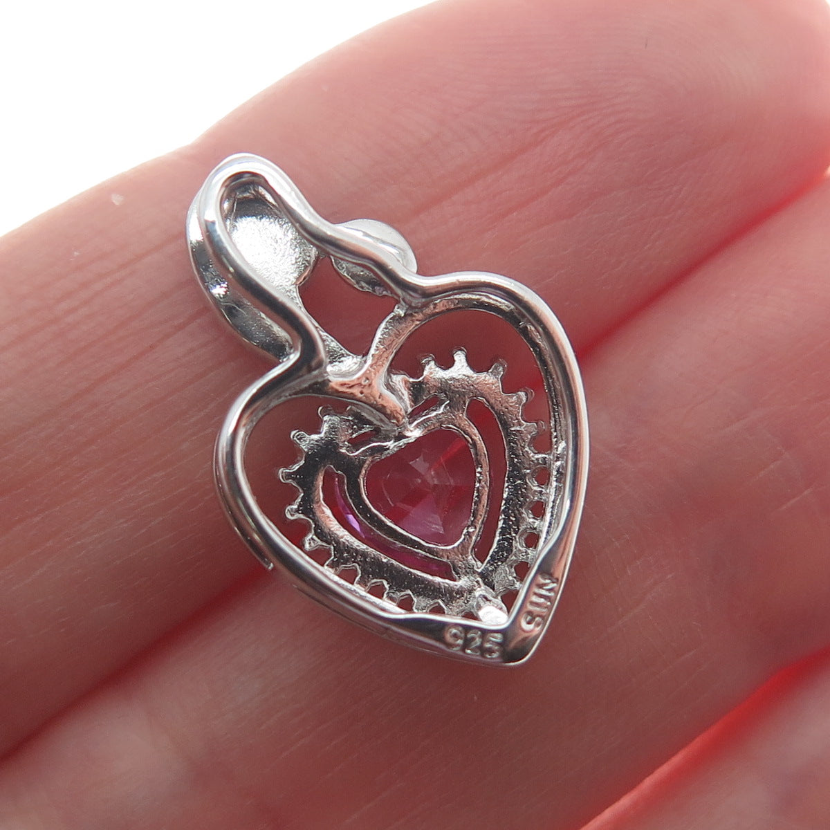 SUN 925 Sterling Silver Real Pink Sapphire Gemstone Heart Slide Pendant