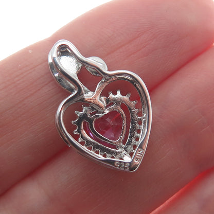 SUN 925 Sterling Silver Real Pink Sapphire Gemstone Heart Slide Pendant