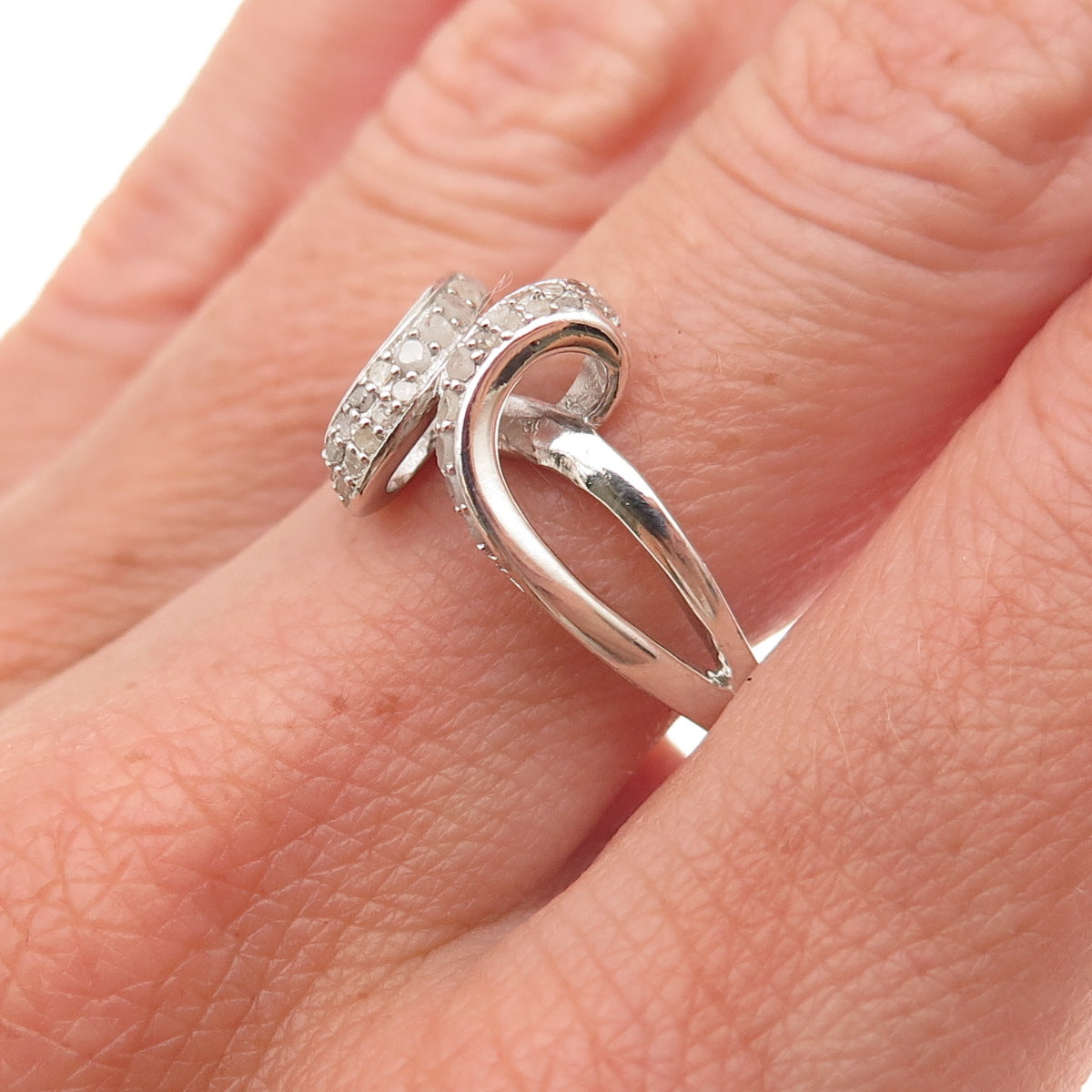 925 Sterling Silver Real Round-Cut Diamond Bypass Ring Size 8.25