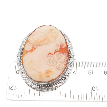925 Sterling Silver Antique Art Deco Real MOP Lady Cameo Pin Brooch / Pendant