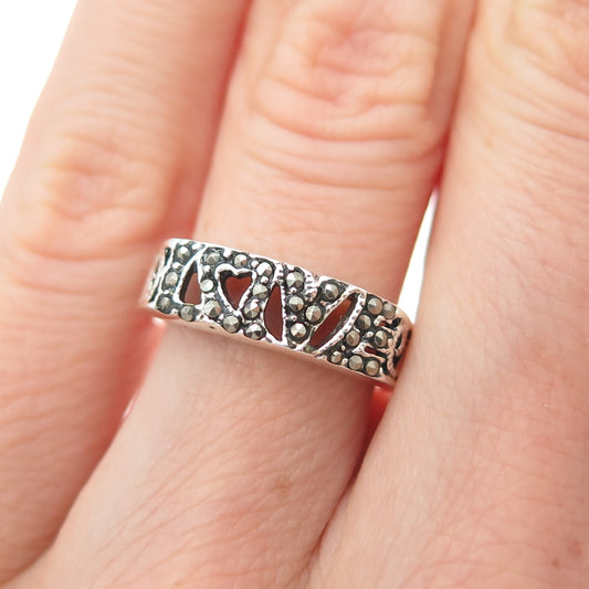 925 Sterling Silver Vintage Real Marcasite Love Oxidized Ring Size 5.25