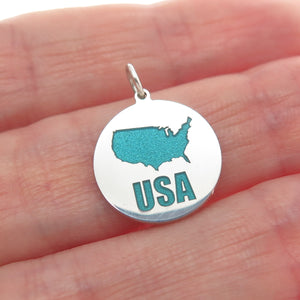 925 Sterling Silver Turquoise Enamel USA Map Round Tag Minimalist Charm Pendant