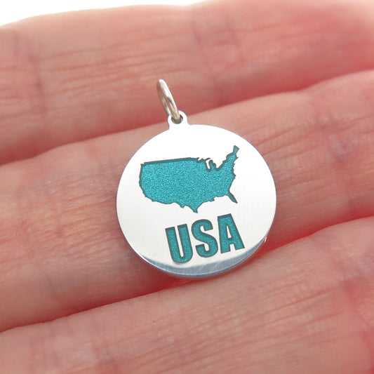 925 Sterling Silver Turquoise Enamel USA Map Round Tag Minimalist Charm Pendant