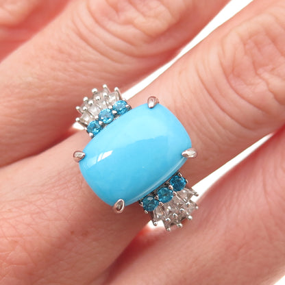 925 Sterling Silver Real Turquoise Apatite & White Topaz Ring Size 8.25