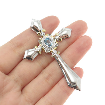 925 Sterling Silver 2-Tone Real Diamond & Blue Topaz Cross Pendant