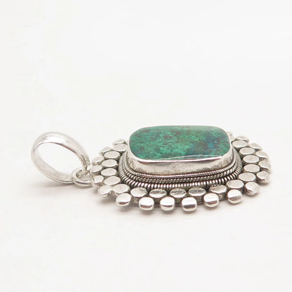 925 Sterling Silver Vintage Real Chrysocolla Gem Dotted Pendant